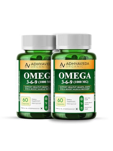 Adhyaveda Organic Omega 3‑6‑9 – 1000 mg with Plant-Based ALA, EPA & DHA – Supports Heart, Brain, Joints, Skin & Muscle Recovery – 60 Veg Capsules - Pack of 2 – Non‑GMO, FSSAI Approved