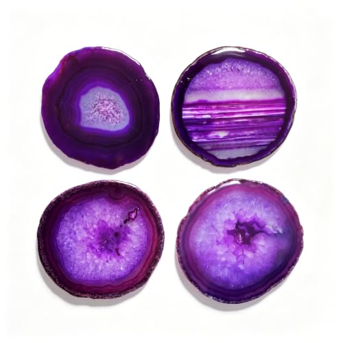 Crystal Cup Mats for Drinks Agate Geode Coaster Set of 4 with Rubber Bumpers 3-4'' Purple Sliced Cup Coaster for Family Bar Party Home Decoration Gift