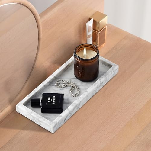 Image of Real Natural Marble Tray for Bathroom, Vanity, Kitchen and Desktop, Rectangle Genuine Marble Stone Tray for Jewelry, Cosmetics, Candles, Lotion, Perfume and Home Decor, 12 inchx5 inch Size