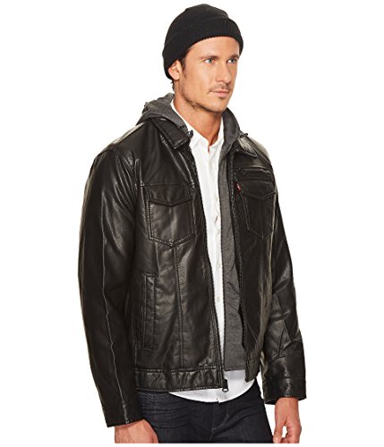 Levi's® Faux Leather Trucker with Jersey Hood and Fleece Lining Black MD4