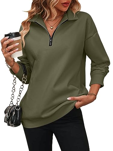 Image of Kuukaas Cropped Half Zip Sweatshirt Women Loose Fit Army green Ladies Oversized Sweatshirt Long Sleeve Workout Pullover for Women UK Autumn Clothes Women M