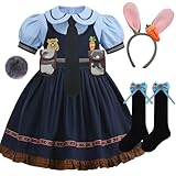Kids Police Officer Costume Dress Set with Bunny Headband Socks, Girl Halloween Rabbit Cosplay Cotton Set 3-9 Years Old (Bunny Police, Tag 140 (7-8T))