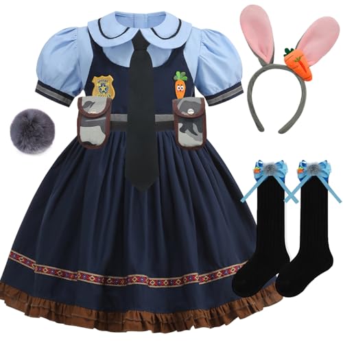 Kids Police Officer Costume Dress Set with Bunny Headband Socks, Girl Halloween Rabbit Cosplay Cotton Set 3-9 Years Old (Bunny Police, Tag 140 (7-8T))