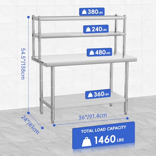 Stainless Steel Work Table 36x24 Inch with Overshelves - Adjustable Shelf & Hooks, Kitchen Island for Food Prep in Restaurant, Hotel, Home Kitchen by PeacefulHues - Image 2