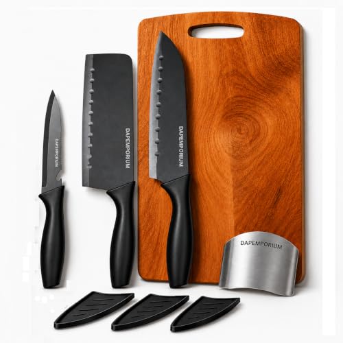 Image of Kitchen Knife Set with Wooden Chopping Board & Steel Finger Guard (5-Pcs Set) | 3 Stainless Steel Black Coated Knives with Covers | Chef Knife Vegetable Knife Fruit Cutter for Daily Kitchen Cooking