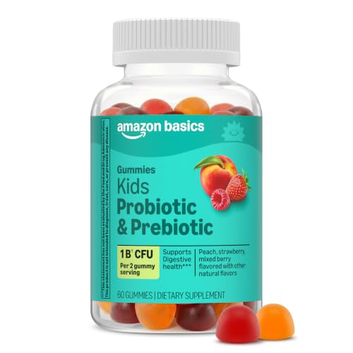 Amazon Basics kids probiotic and prebiotic gummy bottle — shows the 60-count budget gummy with a minimal published spec
