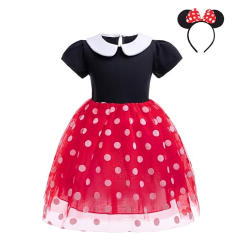 Lito Angels Vestito Costume Minnie Mouse Rosso a Pois con Cerchietto Orecchie di Topo per Bambina Taglia 5-6 anni (Etichetta in Tessuto 130)