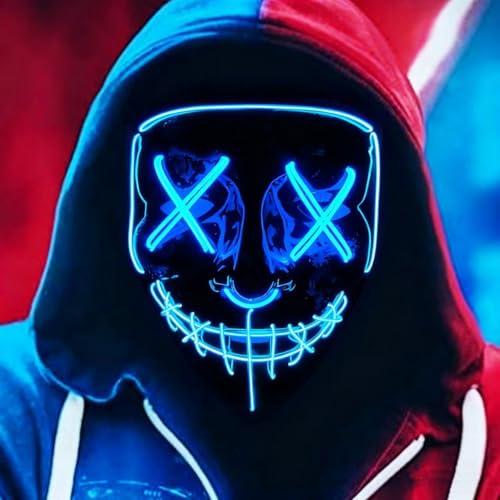 JIAJIAYI 2025 LED Halloween Light Up Mask EL Wire Scary Mask for Masquerade Light Up Face Mask for Men Women Kids Halloween Carnival Costume Festival Party (Blue&Orange)