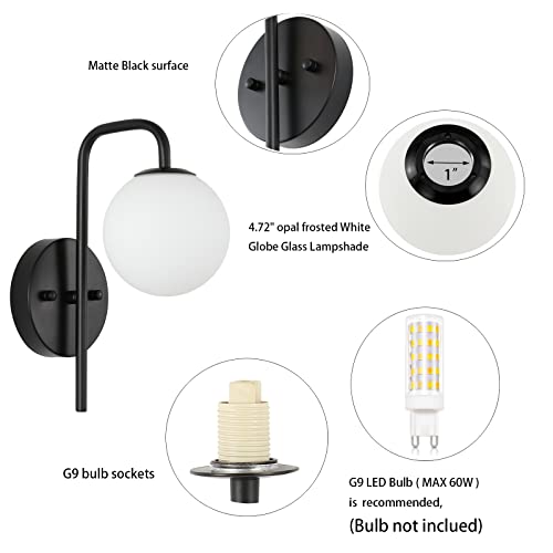 Byoliima Mid Century Modern Globe Wall Lamp 2 Pack Matte Black Wall Sconce 1-Light Bathroom Vanity Lighting With White Globe Glass Lampshade For Mirror Bedroom Living Room Restaurant #TOP4