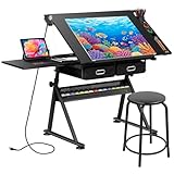 JupiterForce Drafting Table Art Desk w/Power Outlet and Stool, Adjustable Tilting Drawing Table Artist Desk with 2 Storage Drawers, Art Craft Work Station for Home Office Working, Writing, Crafting