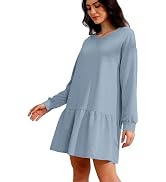 Womens 2024 Fall Long Sleeve Pullover Tops Crewneck Rib Knit Patchwork Sweatshirt Dress Ruffle Mi...