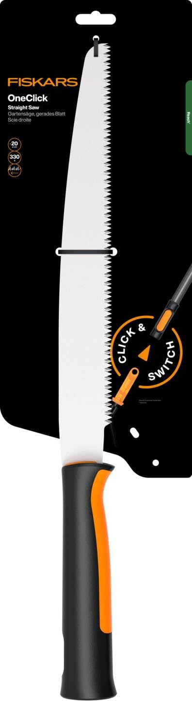 Fiskars OneClick Sierra de Jardín | Fácil cambio con un solo clic, también se puede utilizar como sierra de mano, negro/naranja, 1080691