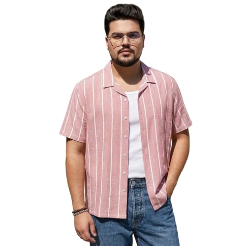 Image of Urbano Plus Men's Cotton Half Sleeve Relaxed Fit Linen Striped Shirt with Cuban Collar