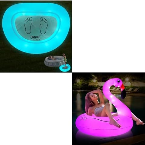 Inflatable Flamingo Pool Floats & Tepoal Inflatable Pool Foot Bath with Colorful Lights Cover