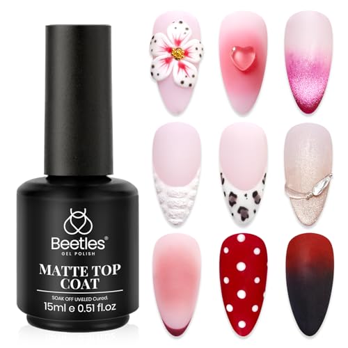 Beetles Matte Gel Top Coat for Gel Nail Polish,15ML Chrome Proof Matte Top Coat No Wipe Powder-Resist Matte Finish for Detail Chrome Powder Painting and Long Lasting Fall Nail Gifts for Women