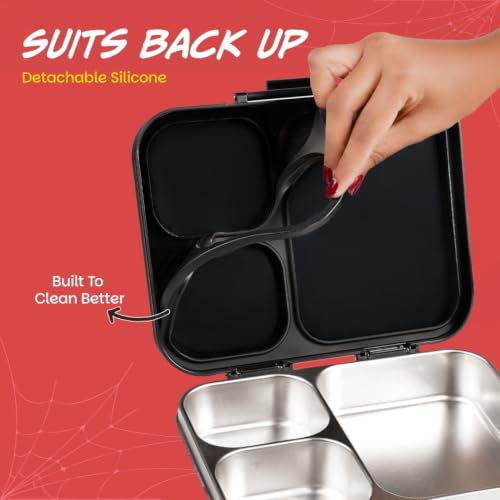 Image of Basil Bento Ace 3C Stainless Steel Lunch Box for Kids | 3 Compartment Leakproof Tiffin Box for Teens & Adults | BPA-Free, Easy-to-Open School Lunch Box | Sling Strike