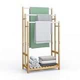 Dripex Portasciugamani autoportante, in bambù, altezza 96 cm, con 3 aste in acciaio inox e ripiano per bagno, casa, naturale, 96 x 46 x 24 cm (96 cm)