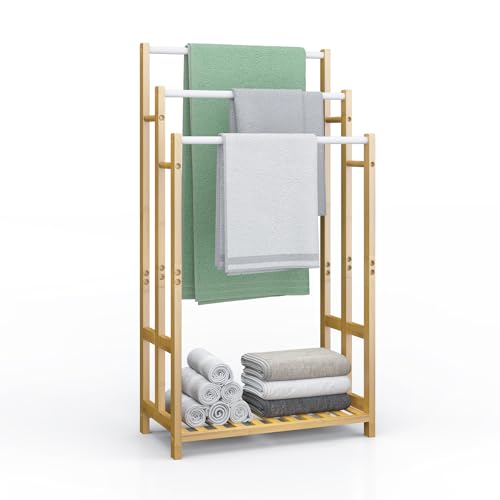 Dripex Freistehender Handtuchhalter Bambus Höhe 96 cm Handtuchständer Badetuchhalter mit 3 Edelstahlstangen und Ablage für Badezimmer, Zuhause, Natur 96H x 46B x 24T cm (96cm) Dripex Freistehender Handtuchhalter Bambus Höhe 96 cm Handtuchständer Badetuchhalter mit 3 Edelstahlstangen und Ablage für Badezimmer, Zuhause, Natur 96H x 46B x 24T cm (96cm)