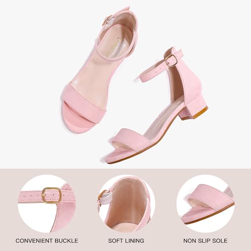 Image of Dufannie Girls Sandals Low Heels Dress Pump Ankle Strap Open Toe Flower Girl Wedding Party for Toddler Little Big Kid