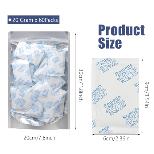 Image of Romeda 60 Pcs 20 Gram Silica Gel Packs, Transparent Desiccant, Desiccant Packets for Storage, Moisture Packs for Spices Jewelry Shoes Boxes Electronics Storage
