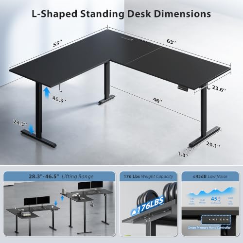 Image of 63x55 Inch L Shaped Electric Standing Desk, Corner Workstation, Black | 3 AC outlets, 2 USB ports, cable tray, cord clips, 3 memory presets, anti-collision and 176 lb capacity for home office.