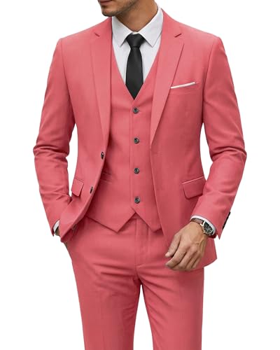 Image of YND Men's 3 Piece Suit with Tie, Solid Color Slim Fit Jacket Vest and Pants