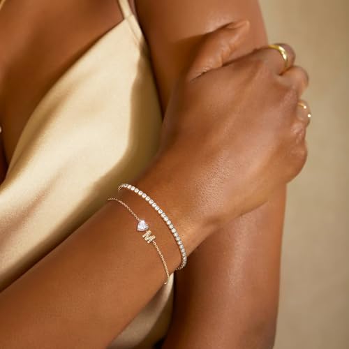 Gold Bracelets for Women Trendy Dainty 14K Gold Plated Layered Initial Tennis Bracelets for Women Non Tarnish A-Z Heart Letter Charm Gifts for Mom Best Friend2