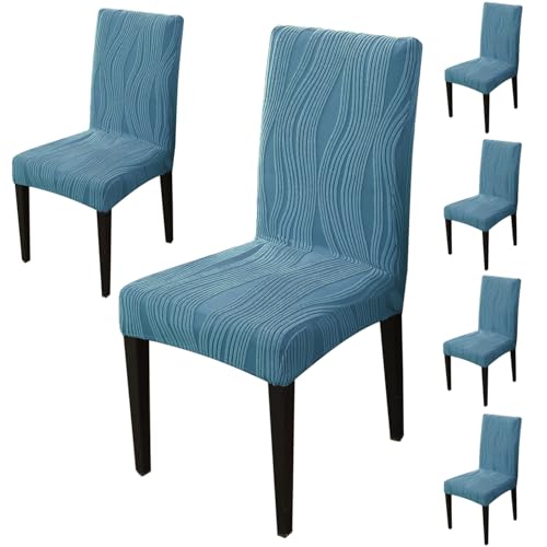 Image of HOKIPO 200 GSM Stretchable Knitting Jacquard Chair Cover Set of 6,'Nestiva Series' Sea Blue (AR-6072-BL)