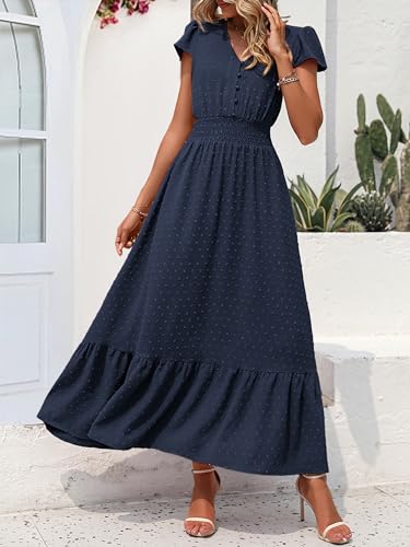 PRETTYGARDEN Womens Dresses 2025 Summer Maxi Dress Boho Short Sleeve V Neck Swiss Dot Ruffle Tiered Smocked Flowy Long Dress3