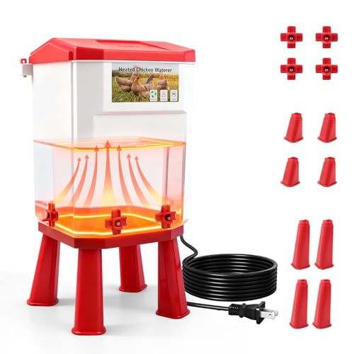 WISMOIER 3 Gallon Heated Chicken Waterer for Winter Automatic Chicken Water Heater,Adsjustable Height Anti-Freezing Poultry Watering System with Thermostatic Control,Red,12.6 in x 8.3 inch x 8.3 in