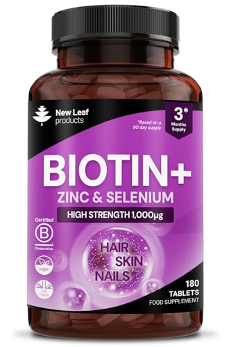 Biotin Hair Growth Vitamins 12,000mcg D-Biotin Tablets Enriched with Zinc & Selenium –Vegan Beauty Hair Skin & Nails Vitamins for Women and Men High Strength - 3 Months Supply UK Made - New Leaf