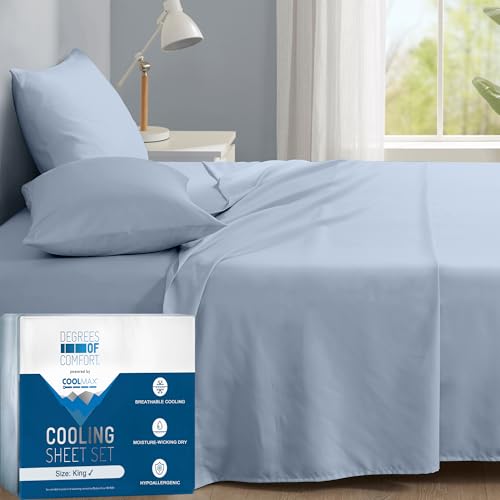 Degrees of Comfort Coolmax Cooling Sheets for King Size Bed | Best Sheet Set for Hot Sleepers | Soft, Deep Pocket 4-Pcs - Light Blue