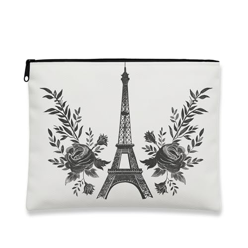 Vintage Floral Cosmetic Bag, Paris Tower Black White Makeup Pouch for Women, Small Canvas Zipper Organizer, Ideal for Travel or Gifts, White, 7x9 Inch, Paris Tower