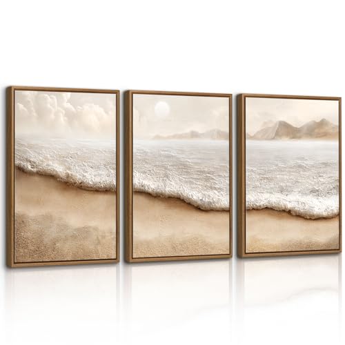 WENGTIAO Vintage Lienzos Cuadros Decoracion Enmarcados, Boho Costeros y Playas, Abstracto Olas Junto al Mar Láminas Sobre Lienzo para Moderno Salones Dormitorios Decoracion Pared 40x60cmx3