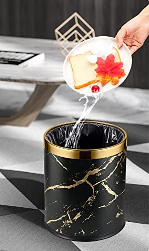 Metal Trash Can Waste Paper Bin with PU Leather Covered,Double Layer Trash Bin 10 liters Waste Bin for Bedroom Bathroom kitchen Living Room Office Hotel(Black Gold Marble)