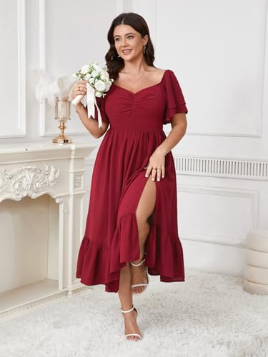 Image of SCOMCHIC Womens Plus Size Wedding Guest Cocktail Dresses Sweetheart Neckline Short Sleeve Smocked Ruffle Slit Maxi Dress