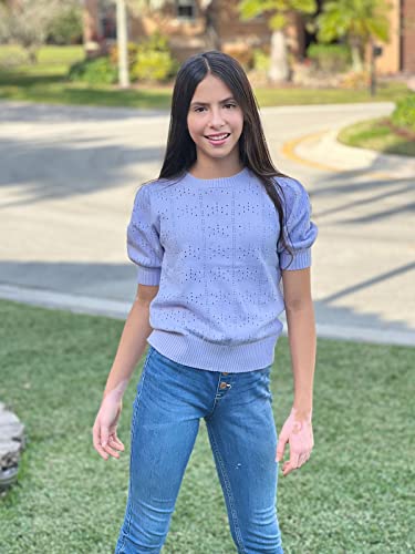 Klousilover Girls Blouse Tops Fall Casual Puff Sleeve Crew Neck Sweaters Solid Hollow Out Knit Pullover Jumper Tops #TOP2