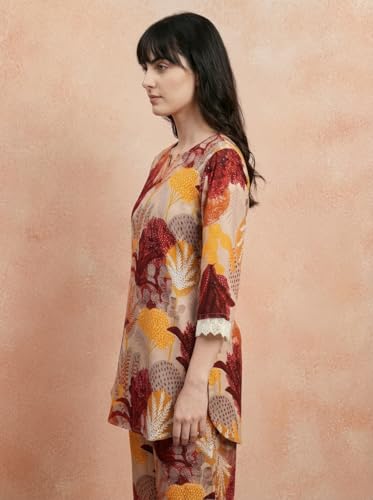 Image of Bee M Pee Designer Trendy Floral Printed Poly Rayon Cotton Kurta Coord Sets for Women | Stylish Casual Kurti Tunic Cord Set with Pant for Woman for Office