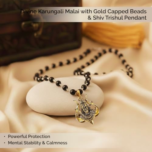 Image of Divine Hindu Shiv Trishul Karungali Mala With Silver Caps | Black Ebony Wood Spiritual Necklace | Protection, Meditation, Healing, Energy Balance, Shiva Bhakti Mala | For Men & Women