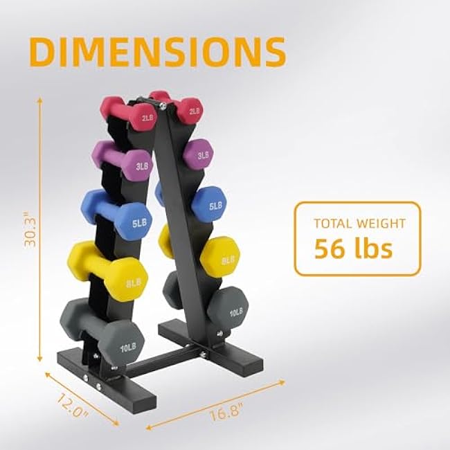 Colored Neoprene Dumbbell Set with Rack, Multiple Weight Options, 20LBS, 32LBS, 50LBS and 56LBS Sets