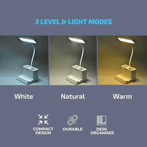 Image of GROB LED Study Table Lamp for Students | 3 Color Modes, Touch Control, Rechargeable, Eye Care Reading, Pen & Phone Holder