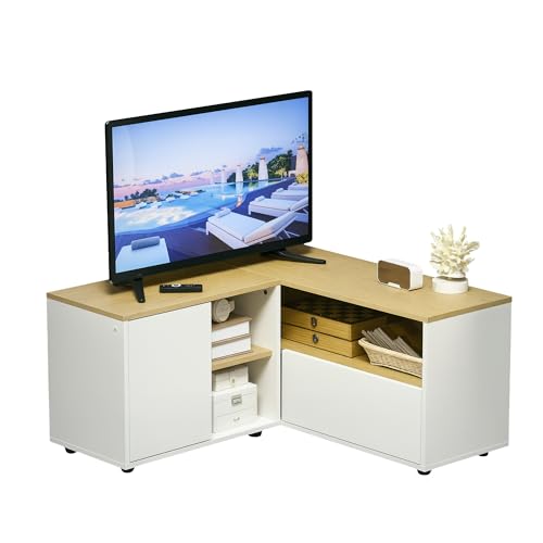 HOMCOM Meuble TV d'angle Banc télévision jusqu'à 40 Pouces avec rangements Aspect Bois Clair et Blanc