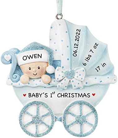 UniqXmas Personalized Baby Boy Carriage Christmas Ornament – Free Customization | My Baby's First / Second Christmas Keepsake for Son Grandbaby – Custom Blue Stroller Xmas Tree Decoration