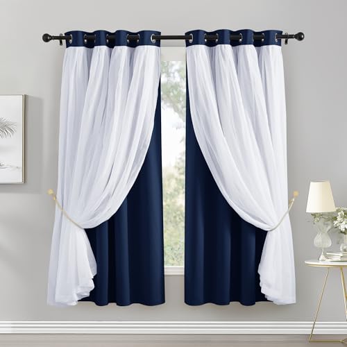Image of PONY DANCE Blackout Curtains with Sheer, 52 x 63 inches, Navy Blue, Pack-2