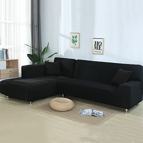 ele ELEOPTION 2 Piece Black Couch Covers for Sectional Sofa L Shape Chaise Covers for Cushion Couch Chaise Slipcover for Living Room Pets (L-Shape 3+3 Seater)