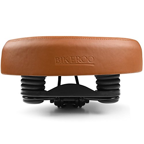Bikeroo Wide Cruiser Saddle - Comfort Seat Fits Indoor & Outdoor Bicycles - Steel Spring & Elastomer Suspension - Memory Foam - Brown