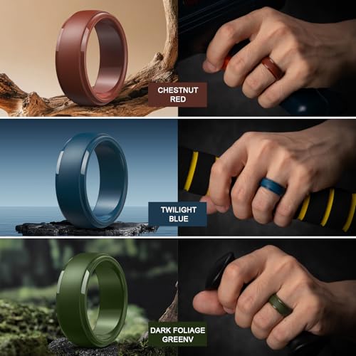 Image of Egnaro Men's Silicone Wedding Rings: Classic Black Step Edge Rubber band 10mm Wide 2.5mm Thick- Hypoallergenic for Gym /Outdoor /Gift(1 /4 /7 Variety Pack with Half Size)