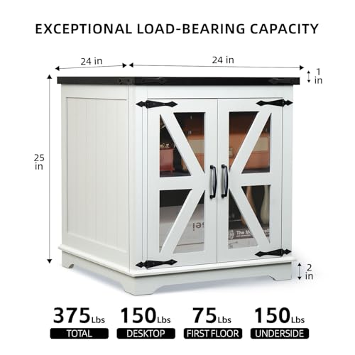 Beroxii Farmhouse End Table, 24" Large End Tables with Storage, Rustic Square Sofa Beside Table with Glass Barn Door, Wood Side Table Square Nightstand for Living Room, Bedroom, Office (White) by BEROXII - Image 5