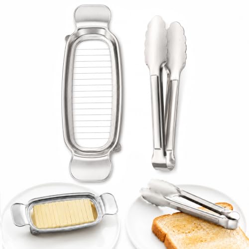 Butter Slicer Cutter with Serving Tongs, 304 Stainless Steel Butter and Cheese Cutter Wire Slicer Kitchen Gadget for Block Butter, Soft Cheese, Toast, Pancakes, Breakfast, Baking and Serving