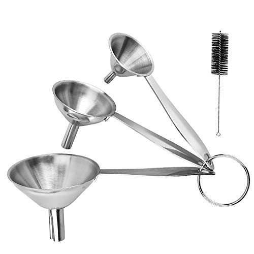 Kitchen Funnel for Filling Bottles, Metal Funnel Set Stainless Steel Small Funnel,3 in 1 Bottle Funnel for Essential Oil Spice Liquid Dry Ingredients with 1PCs Cleaning Brush